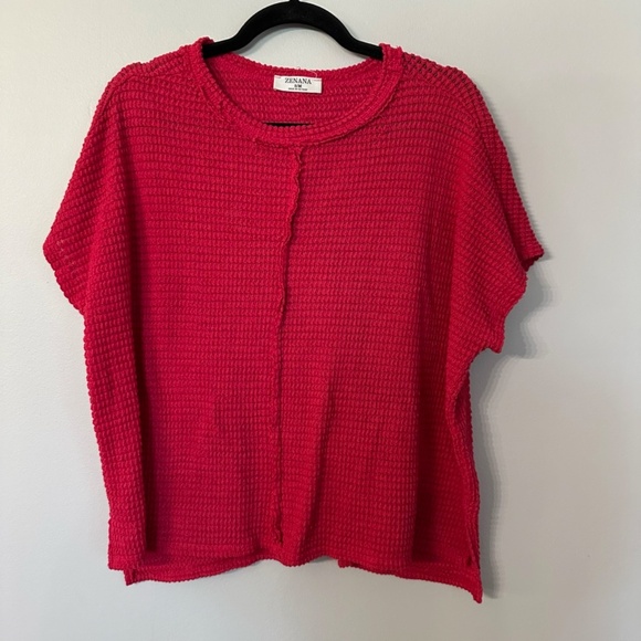 Zenana Women’s Crewneck Short Sleeve Dark Pink Knit Sweater Top Sz S/M GUC - Picture 2 of 7